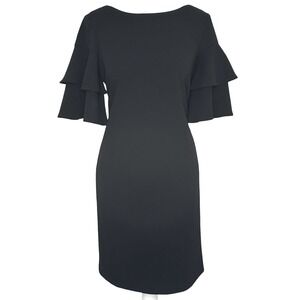 Calvin Klein Sheath Dress 4 Black Ruffle Bell Sleeve Boat Neck Stretch Crepe
